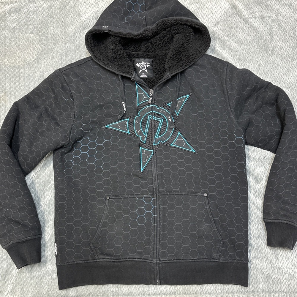 Vintage Unit Full Zip Up Hoodie Mens XL Sweatshirt Jacket Black Y2K 2000s Racing